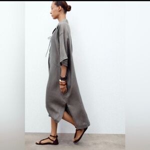 Zara ZW Collection 100% Linen Kaftan Dress Gray
